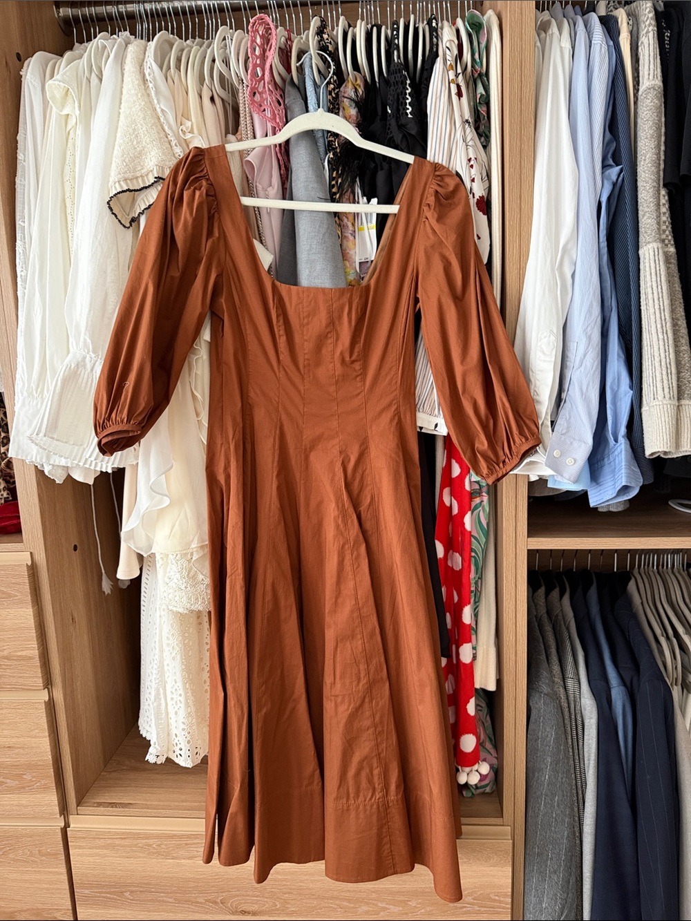 STAUD Terracotta Square-Neck Midi Dress with Puff Sleeves